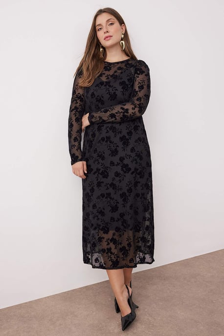 Trendyol Curve Damen Schwarz Geblümt Maxi Lang Casual A-Linie Große Größen Kleid - Image 1