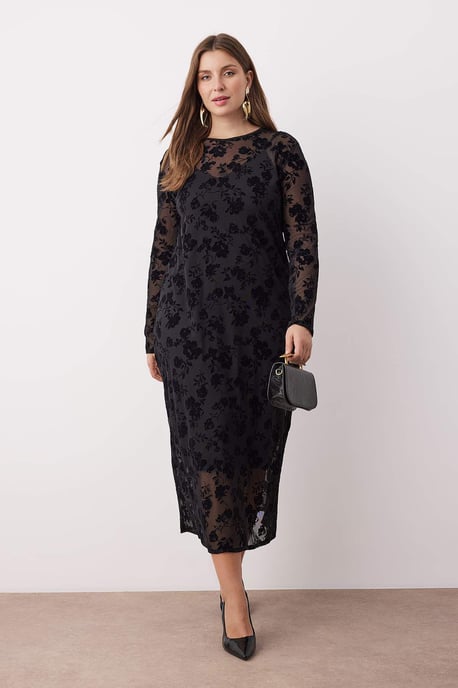 Trendyol Curve Damen Schwarz Geblümt Maxi Lang Casual A-Linie Große Größen Kleid - Image 2