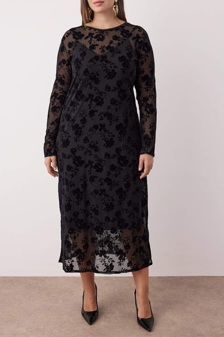 Trendyol Curve Damen Schwarz Geblümt Maxi Lang Casual A-Linie Große Größen Kleid - Image 3