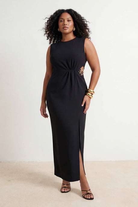 Trendyol Curve Damen Schwarz Einfarbig Maxi Ärmellos Party A-Linie Große Größen Kleid - Image 1