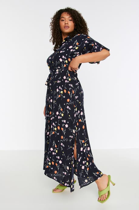 Trendyol Curve Damen Dunkelblau Geblümt Maxi Kurz Casual A-Linie Große Größen Kleid - Image 6