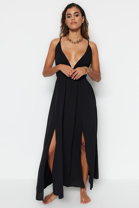 TRENDYOLMİLLA Damen Schwarz Einfarbig Maxi Ärmellos Strandmode A-Linie Strandkleider - Image 2