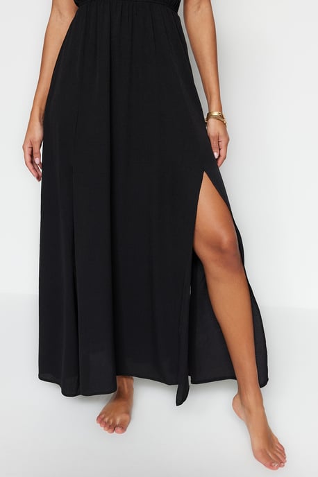 TRENDYOLMİLLA Damen Schwarz Einfarbig Maxi Ärmellos Strandmode A-Linie Strandkleider - Image 4