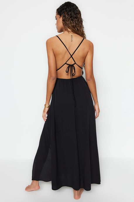 TRENDYOLMİLLA Damen Schwarz Einfarbig Maxi Ärmellos Strandmode A-Linie Strandkleider - Image 5