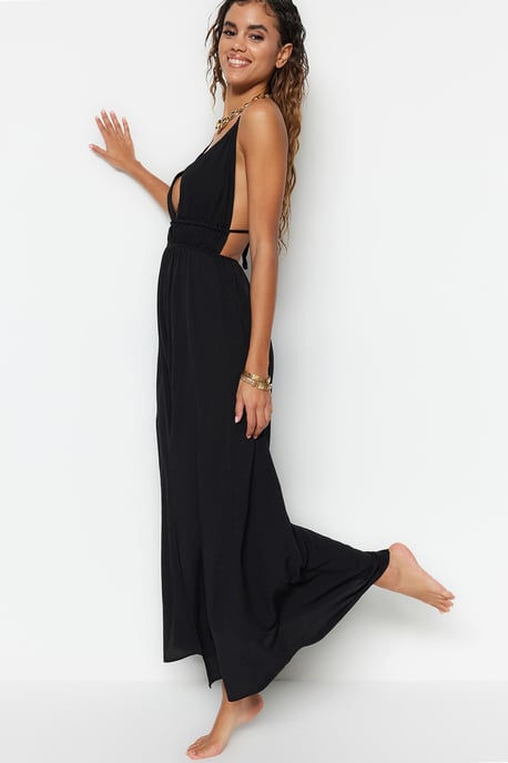 TRENDYOLMİLLA Damen Schwarz Einfarbig Maxi Ärmellos Strandmode A-Linie Strandkleider - Image 6