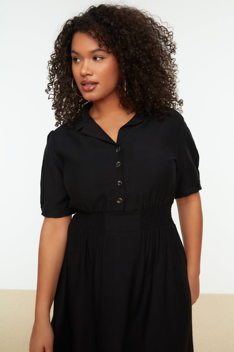 Trendyol Curve Damen Schwarz Einfarbig Midi Kurz Casual A-Linie Große Größen Kleid - Image 6
