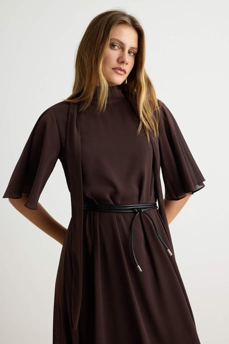 TRENDYOLMİLLA Damen Braun Abstrakt Midi Kurz A-Linie Kleider - Image 4