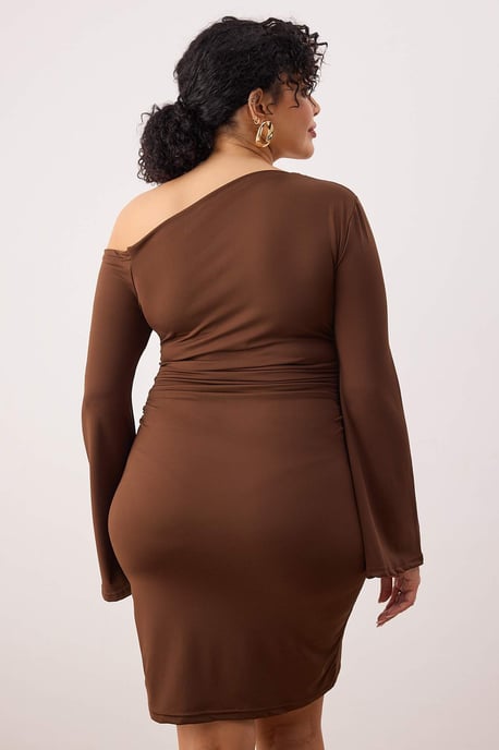 Trendyol Curve Damen Braun Einfarbig Midi Lang Casual Gerade Große Größen Kleid - Image 3