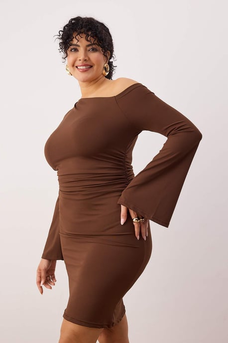Trendyol Curve Damen Braun Einfarbig Midi Lang Casual Gerade Große Größen Kleid - Image 6