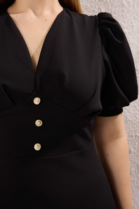 Trendyol Curve Damen Schwarz Einfarbig Midi Kurz Cocktail A-Linie Große Größen Kleid - Image 3