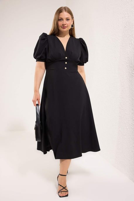 Trendyol Curve Damen Schwarz Einfarbig Midi Kurz Cocktail A-Linie Große Größen Kleid - Image 6