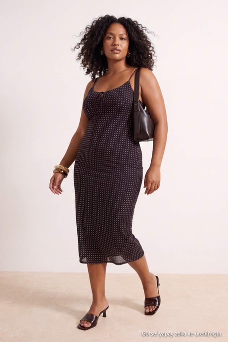 Trendyol Curve Plaid-Midikleid ohne Ärmel, lässig A-Linie, große Größen - Braun - Image 6