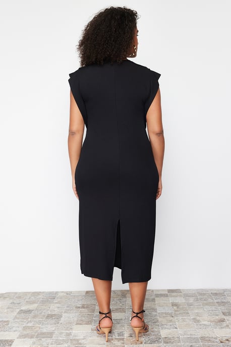 Trendyol Curve Damen Schwarz Einfarbig Midi Ärmellos Casual Gerade Große Größen Kleid - Image 2