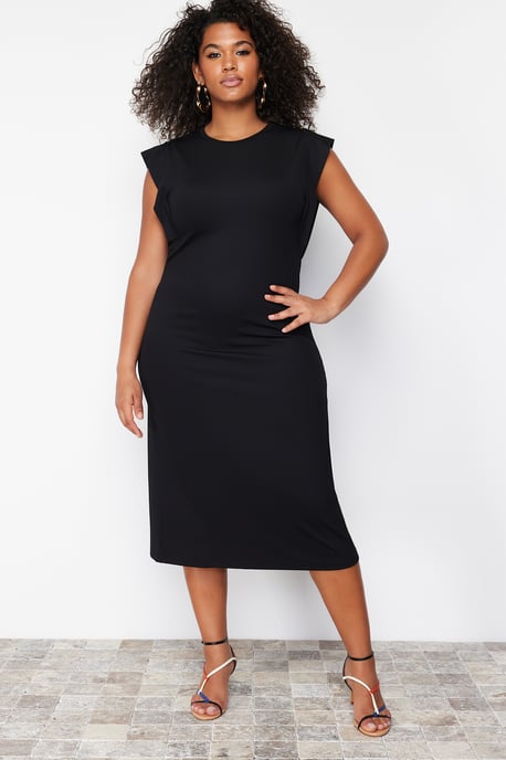 Trendyol Curve Damen Schwarz Einfarbig Midi Ärmellos Casual Gerade Große Größen Kleid - Image 6