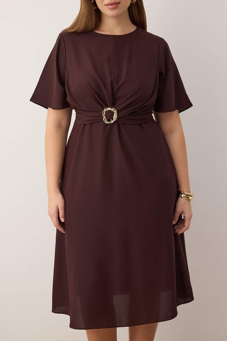 Trendyol Curve Damen Braun Einfarbig Midi Kurz Abend / Alltag A-Linie Große Größen Kleid - Image 2