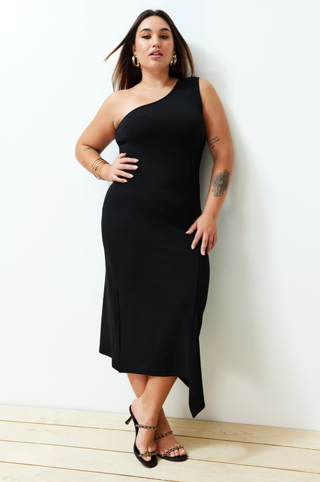 Trendyol Curve Damen Schwarz Einfarbig Midi Ärmellos Casual Asymmetrisch Große Größen Kleid - Image 6