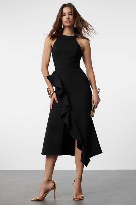 Trendyol Einfarbiges Midi-Kleid ärmellos, asymmetrisch, elegant - Schwarz - Image 1