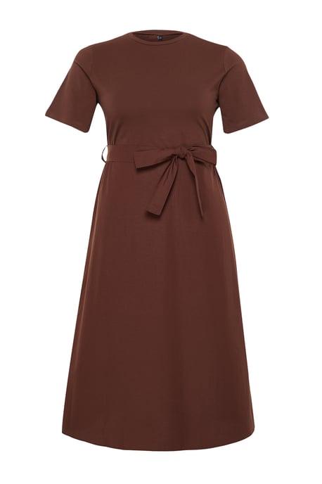 Trendyol Curve Damen Braun Einfarbig Midi Kurz Casual A-Linie Große Größen Kleid - Image 5
