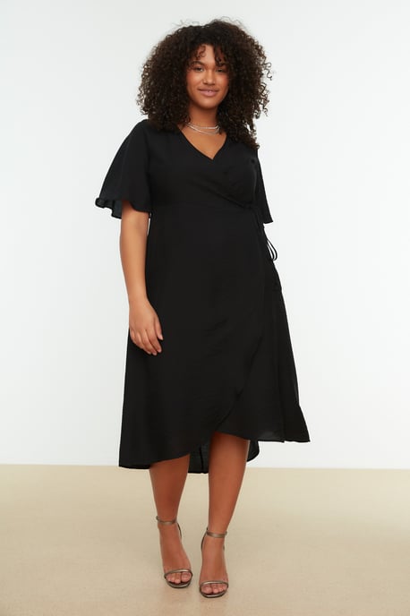 Trendyol Curve Damen Schwarz Einfarbig Midi Kurz Casual A-Linie Große Größen Kleid - Image 3