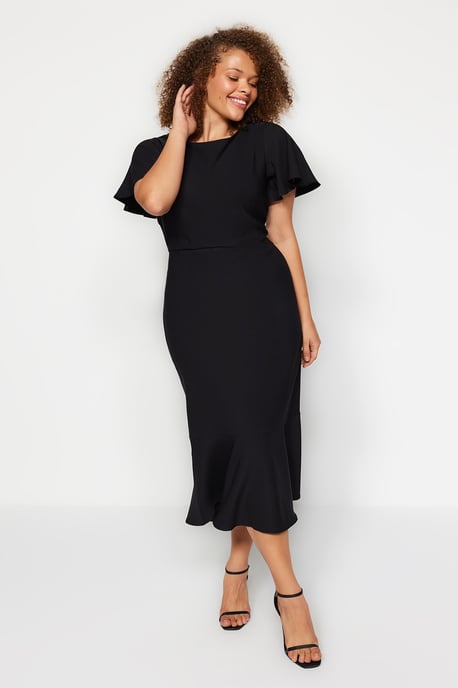 Trendyol Curve Damen Schwarz Einfarbig Midi Kurz Abend / Alltag Bodycon Große Größen Kleid - Image 2