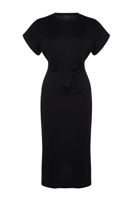 Trendyol Curve Damen Schwarz Einfarbig Midi Kurz Casual Gerade Große Größen Kleid - Image 5
