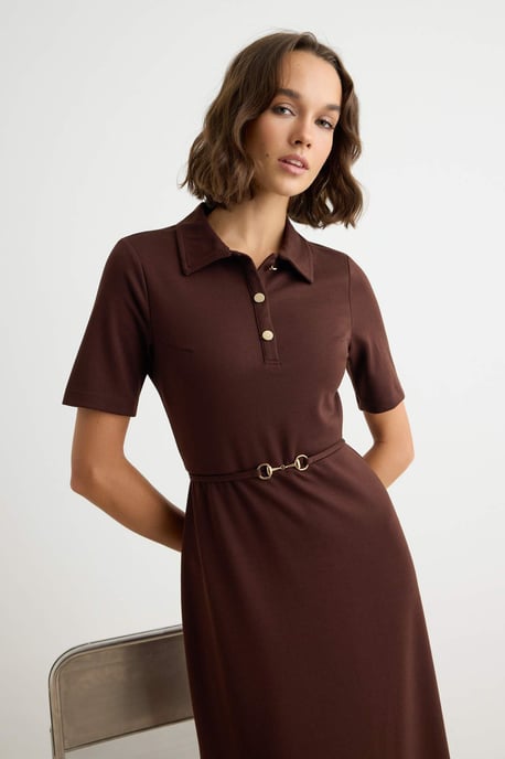 TRENDYOLMİLLA Damen Braun Einfarbig Midi Kurz Casual A-Linie Kleider - Image 4