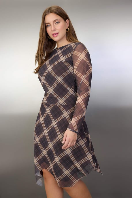 Trendyol Curve Damen Braun Geblümt Midi Lang Casual Asymmetrisch Große Größen Kleid - Image 2