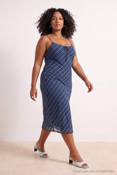 Trendyol Curve Damen Blau Kariert Midi Ärmellos Casual A-Linie Große Größen Kleid - Image 2