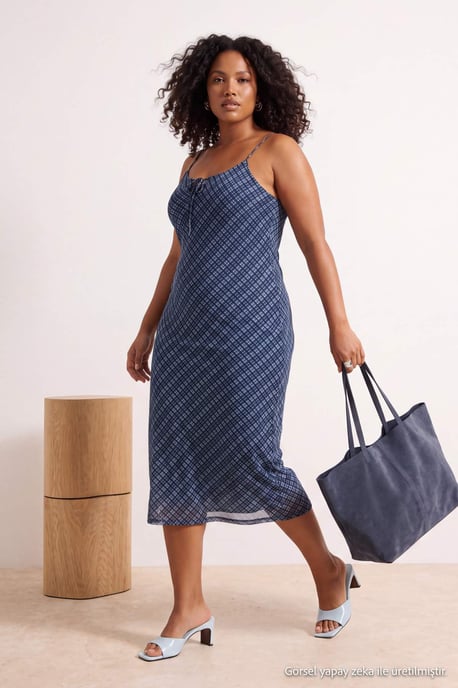 Trendyol Curve Damen Blau Kariert Midi Ärmellos Casual A-Linie Große Größen Kleid - Image 3