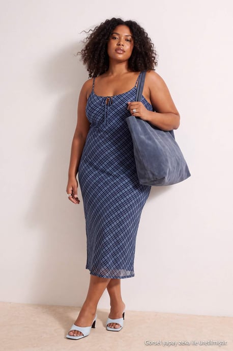 Trendyol Curve Damen Blau Kariert Midi Ärmellos Casual A-Linie Große Größen Kleid - Image 6