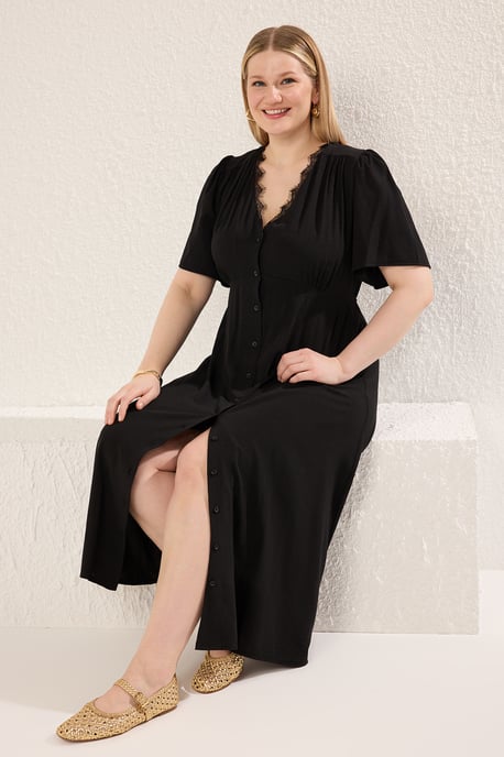 Trendyol Curve Damen Schwarz Einfarbig Midi Kurz Casual A-Linie Große Größen Kleid - Image 5