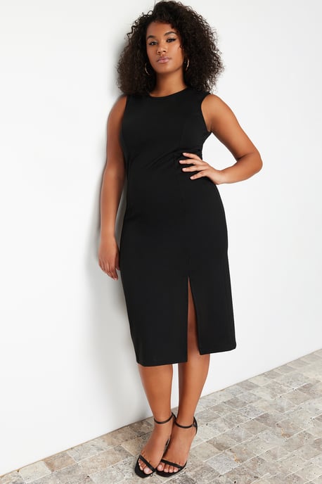 Trendyol Curve Damen Schwarz Einfarbig Midi Ärmellos Casual Bodycon Große Größen Kleid - Image 2