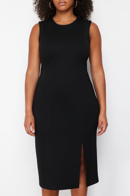 Trendyol Curve Damen Schwarz Einfarbig Midi Ärmellos Casual Bodycon Große Größen Kleid - Image 3