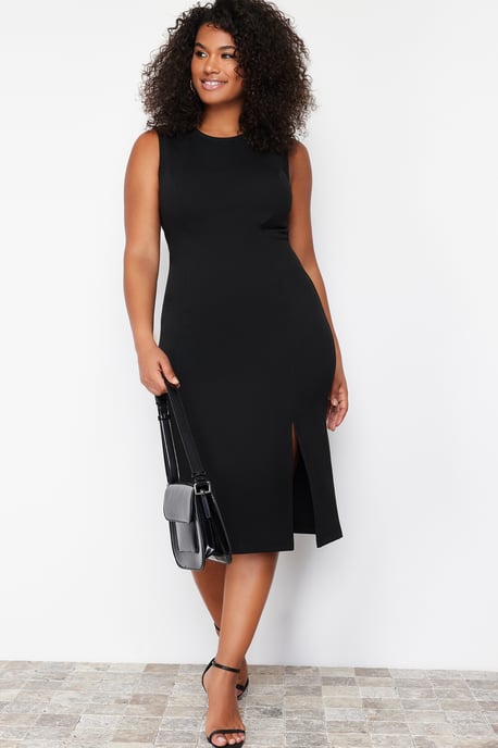 Trendyol Curve Damen Schwarz Einfarbig Midi Ärmellos Casual Bodycon Große Größen Kleid - Image 6