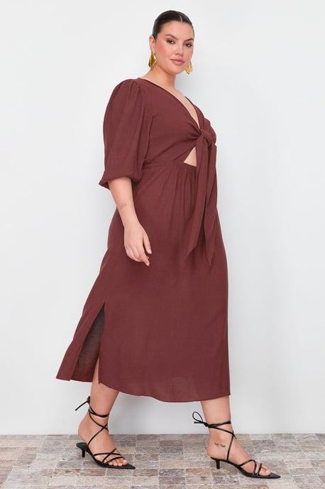 Trendyol Curve Damen Braun Einfarbig Midi 3/4-Arm Casual A-Linie Große Größen Kleid - Image 6