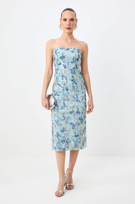 TRENDYOLMİLLA Damen Blau Geblümt Midi Ärmellos Gerade Kleider - Image 1