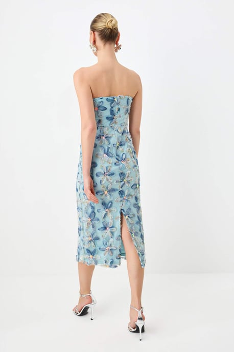 TRENDYOLMİLLA Damen Blau Geblümt Midi Ärmellos Gerade Kleider - Image 3