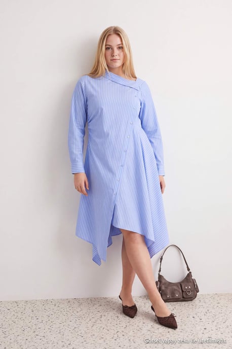 Trendyol Curve Damen Blau Gestreift Midi Lang A-Linie Große Größen Kleid - Image 2