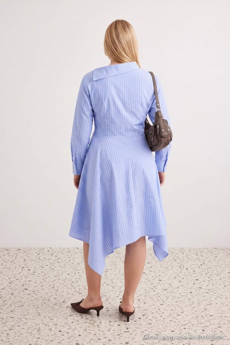 Trendyol Curve Damen Blau Gestreift Midi Lang A-Linie Große Größen Kleid - Image 3