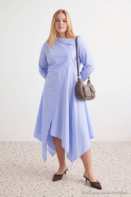 Trendyol Curve Damen Blau Gestreift Midi Lang A-Linie Große Größen Kleid - Image 6