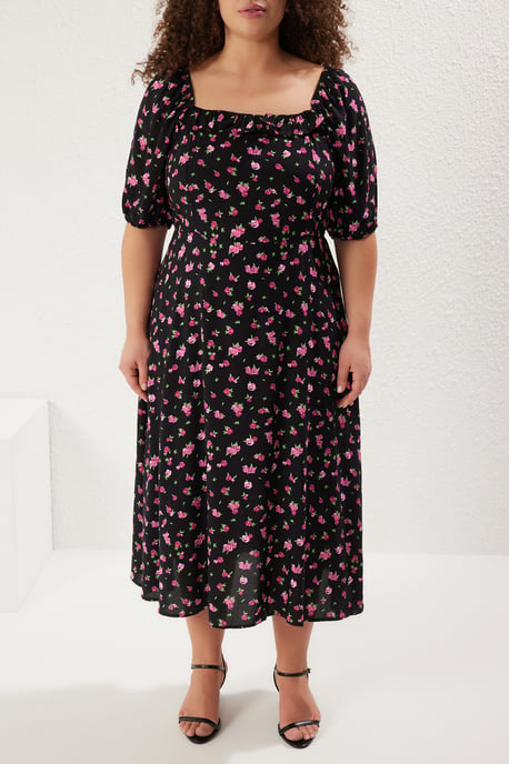 Trendyol Curve Damen Schwarz Gepunktet Midi Kurz Casual A-Linie Große Größen Kleid - Image 2