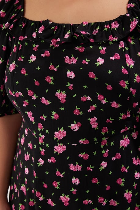 Trendyol Curve Damen Schwarz Gepunktet Midi Kurz Casual A-Linie Große Größen Kleid - Image 3