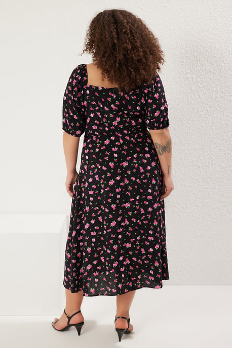 Trendyol Curve Damen Schwarz Gepunktet Midi Kurz Casual A-Linie Große Größen Kleid - Image 4