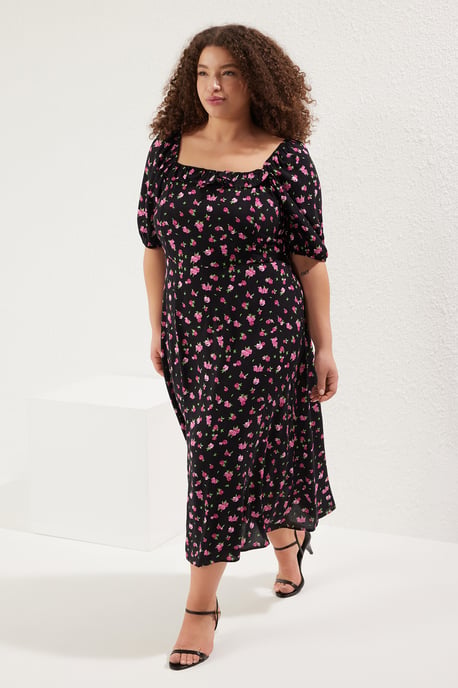 Trendyol Curve Damen Schwarz Gepunktet Midi Kurz Casual A-Linie Große Größen Kleid - Image 6