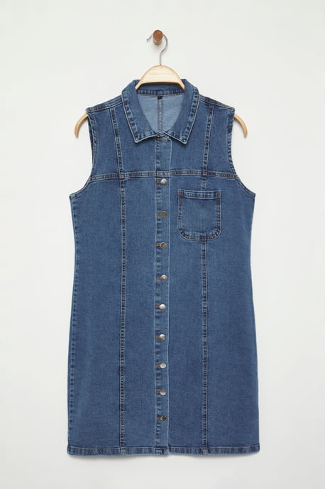 Trendyol Curve Damen Blau Einfarbig Kurz / Mini Ärmellos Casual Gerade Große Größen Kleid - Image 4