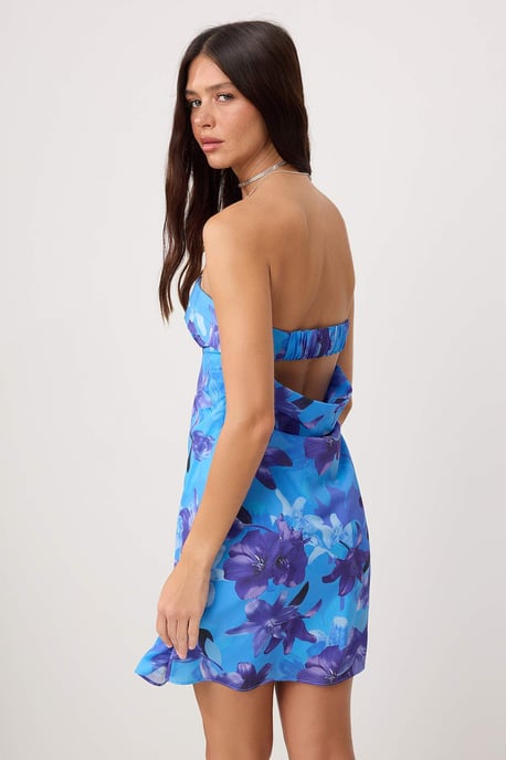 TRENDYOLMİLLA Damen Blau Geblümt Kurz / Mini Ärmellos Bodycon Kleider - Image 3