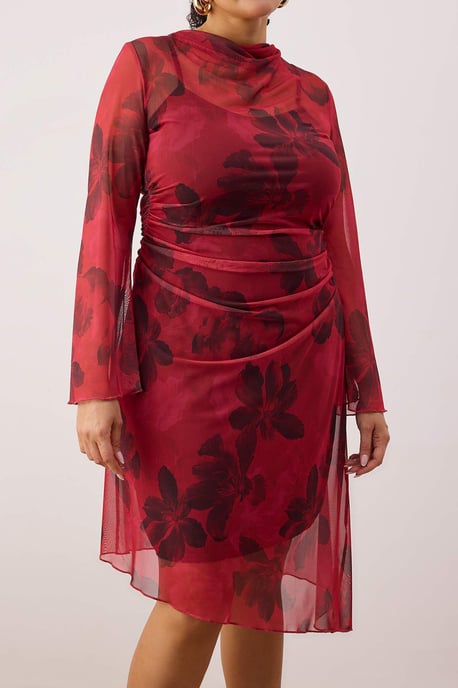 Trendyol Curve Damen Rot Geblümt Kurz / Mini Lang Casual A-Linie Große Größen Kleid - Image 2