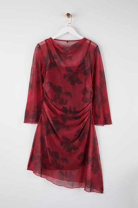 Trendyol Curve Damen Rot Geblümt Kurz / Mini Lang Casual A-Linie Große Größen Kleid - Image 4