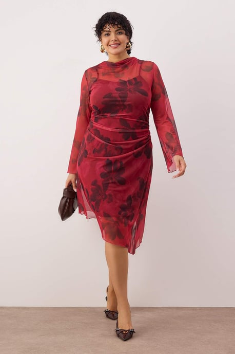 Trendyol Curve Damen Rot Geblümt Kurz / Mini Lang Casual A-Linie Große Größen Kleid - Image 6