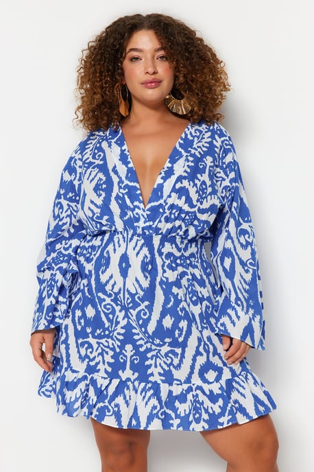 Trendyol Curve Ethno‑gemustertes Skaterkleid, kurz/mini, Strandlook, große Größen - Blau - Image 2